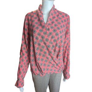 Pleione Pink & Black Geometric Print Sz M Wrap Style Blouse -Roll-tab Sleeves